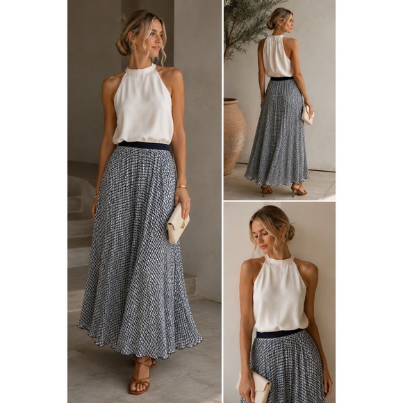 Max Studio Dresses & Skirts - Max Studio Geometric Pleated Maxi Skirt Navy Ivory Coastal Size Small